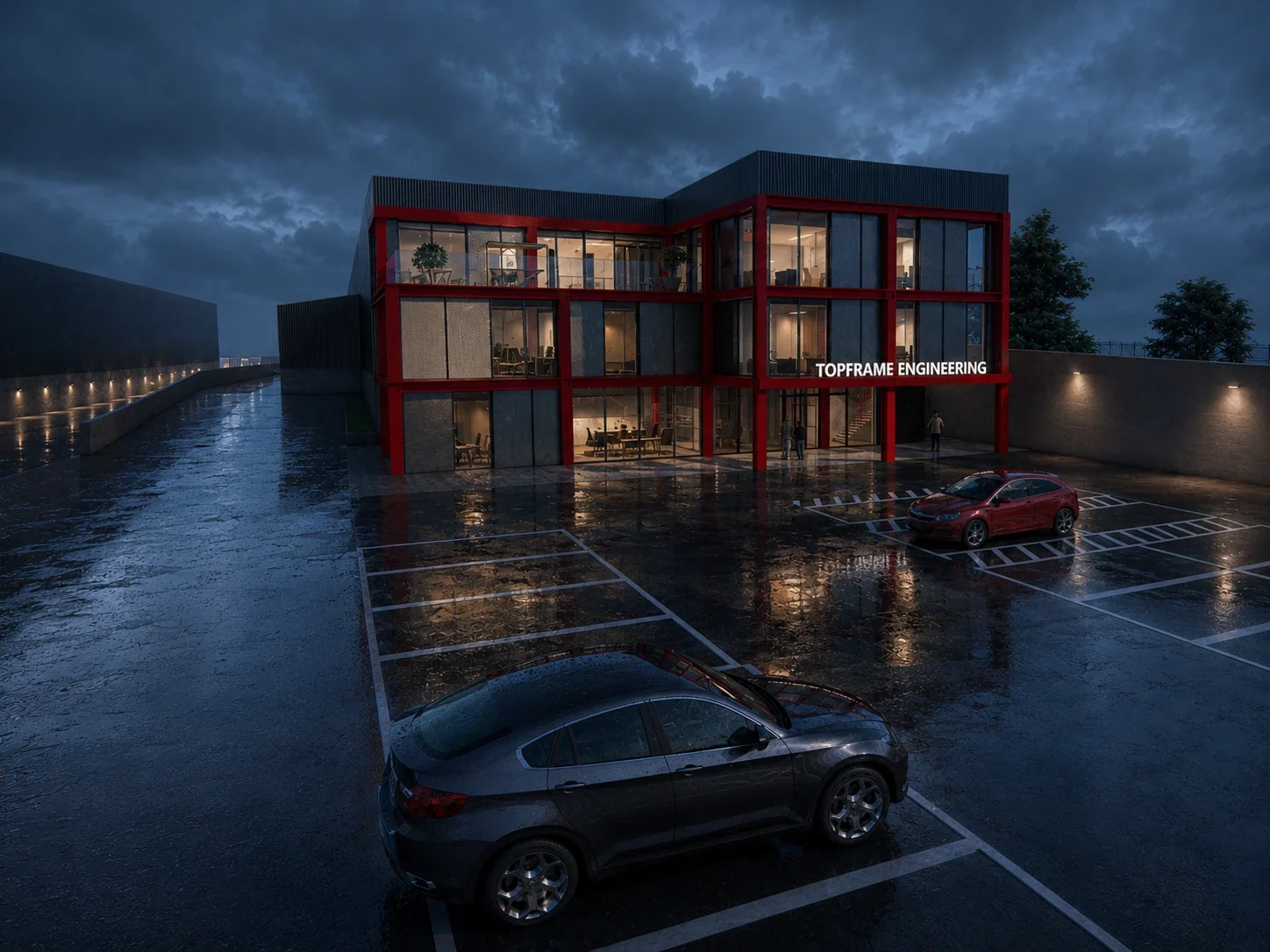 Architectural visualisation of the proposed Topframe Engineering offices at dusk